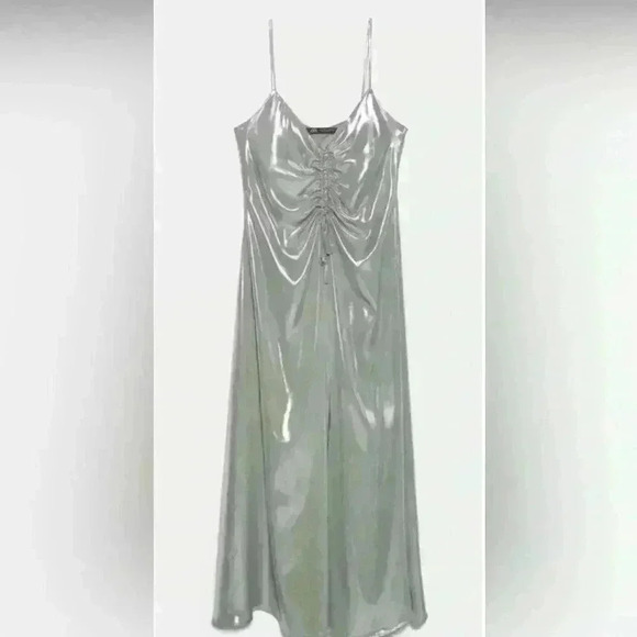 ZARA- Limited Edition Metallic Silver Cocktail Dress Sz XS - Picture 1 of 12